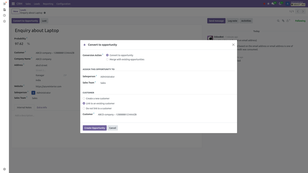 Odoo CRM Opportunity Creation Screenshot